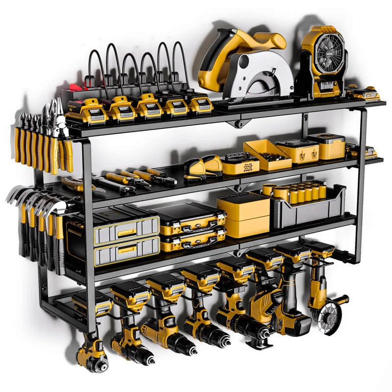 UNIVERSAL WINDOW SOLUTIONS Power Tool Organizer With Charging Station, 8 Drill Holder Wall Mount, 4 Layer Storage Rack For Garage Storage, Heavy Duty Utility Racks, Tool Battery Shelf With 6 Outlet Power Strip