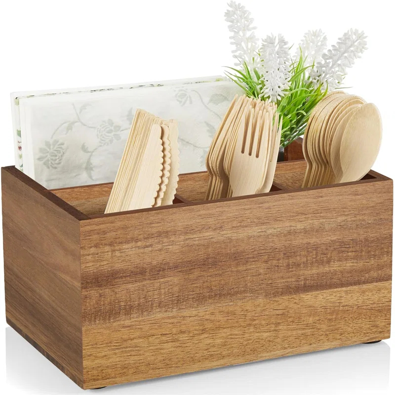Loon Peak® Utensil Caddy, Silverware Caddy For Party, Acacia Wood Silverware Holder, Silverware Organizer Countertop, Cutlery Storage Containers For Kitchen Table