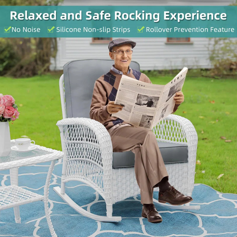Highland Dunes Highland Dunes Outdoor Wicker Rocking Chair, Rattan Patio Rocker Chairs With Cushions And High Back, All-Weather Patio Wicker Chair With Safe Rocking Design For Garden Backyard Porch, White Wicker