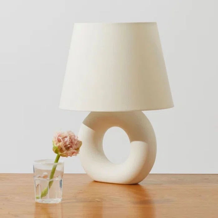 Brightech Chloe 15.5" Modern LED Table Lamp with Circular Ceramic Base and Natural Cotton Shade