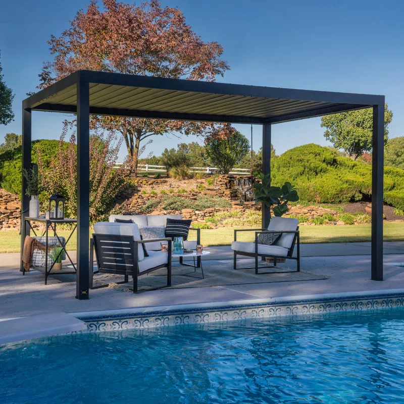 Backyard Discovery Backyard Discovery Sarasota 14' x 10' Galvanized Steel Outdoor Louvered Pergola Kit with Adjustable Steel Roof and PowerPort