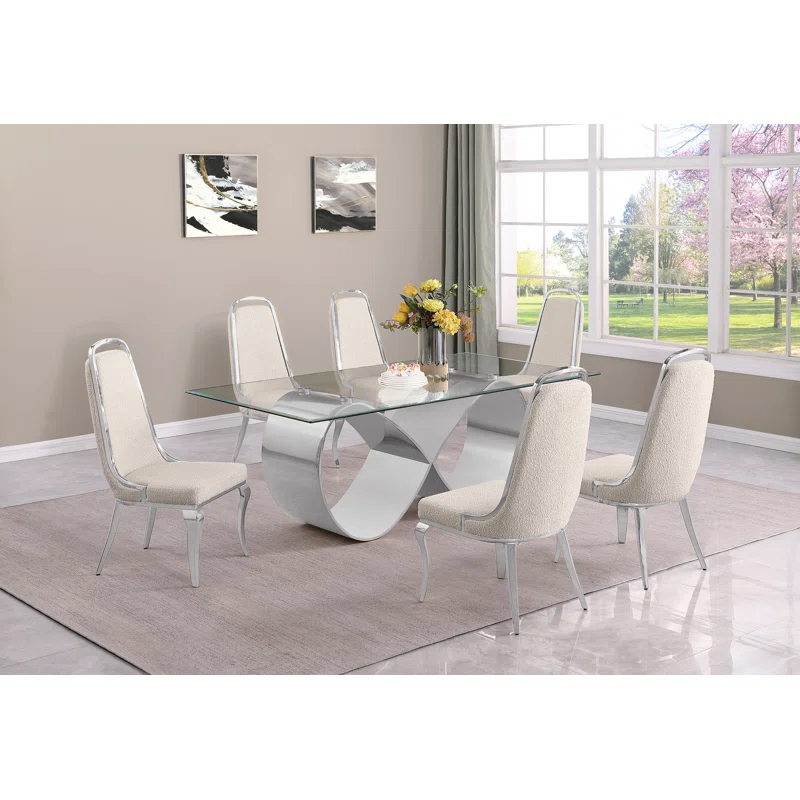 Rosdorf Park Tempered Glass Dining Set With Boucle Fabric Side Chairs