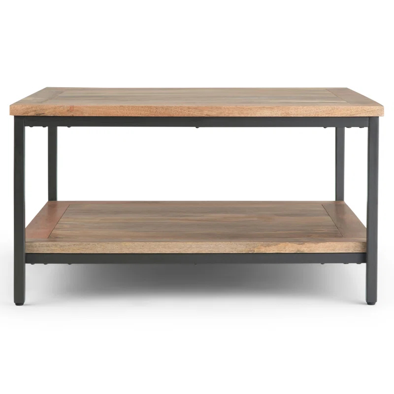 Simpli Home Skyler 34"W Solid Mango Wood Industrial Square Coffee Table with Open Shelf and Metal Frame