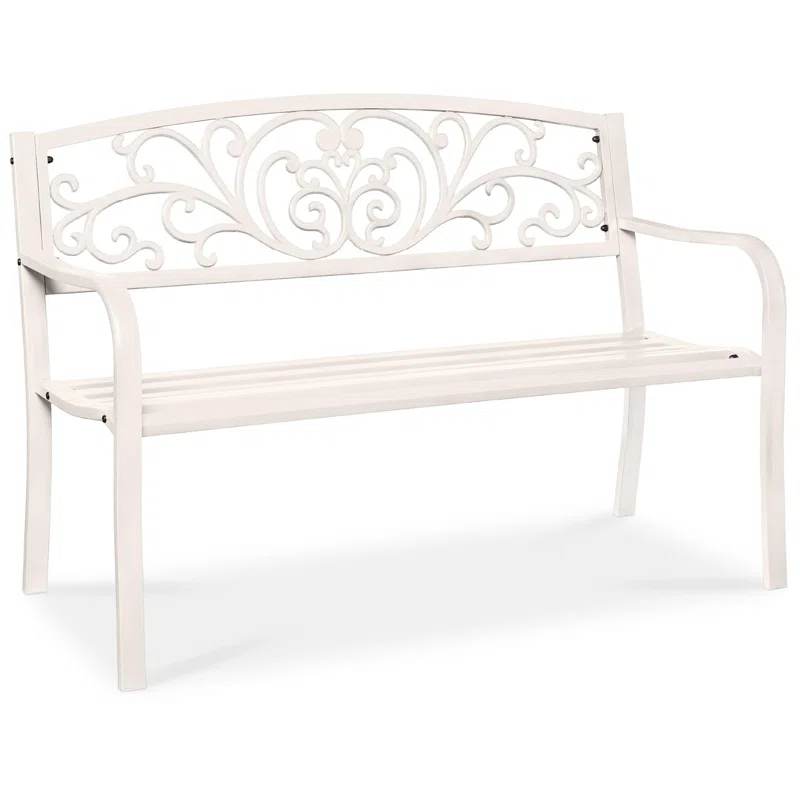 Alcott Hill® Outdoor Steel Bench Garden Patio Porch Furniture W/ Floral Design Backrest