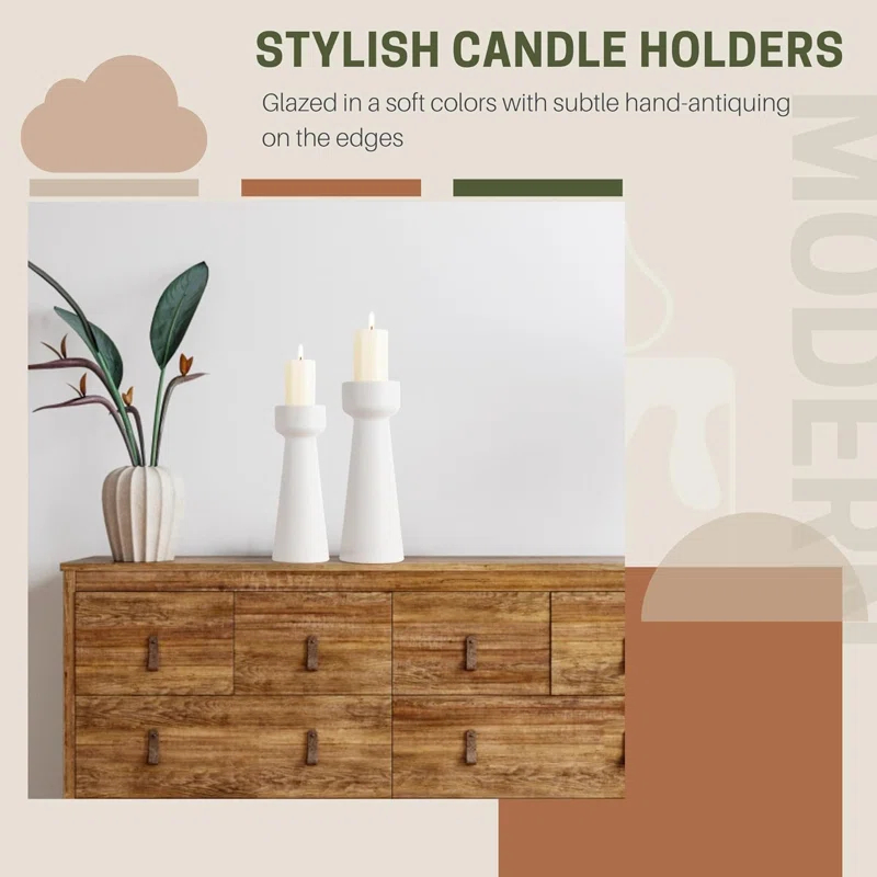 Hokku Designs Candle Holders Ceramic White Taper S&L Set Of 2 Matte Stylish Decorative Candlestick Holders
