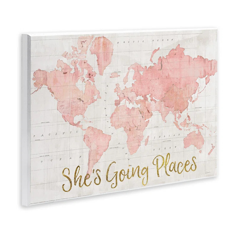 Stupell Industries She's Going Places Quote Pink Watercolor World Map by Sue Schlabach - Print