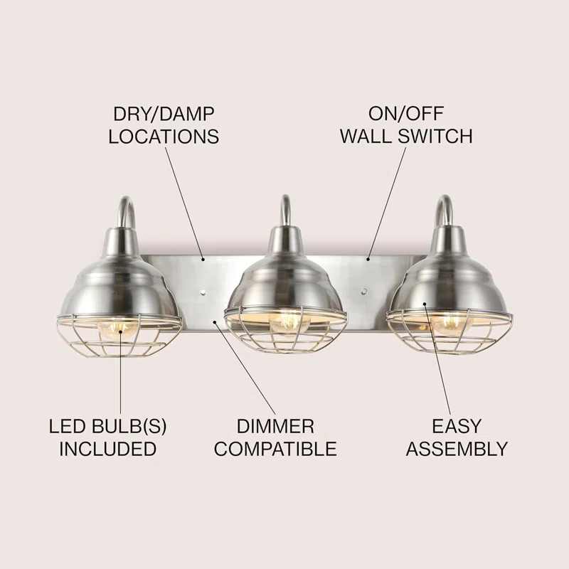BEAUTY DEPOT 24.5" 3-Light Industrial Farmhouse Vanity Light, Nickel Finish, Led Bulbs Included, Modern Rustic Bathroom, Hallway, Living Room, Bedroom Mirror Cabinet Lighting