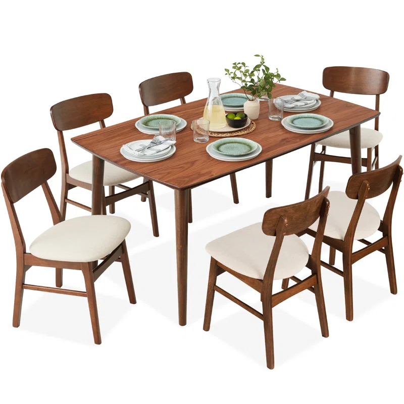 George Oliver 7-Piece Mid-Century Modern Upholstered Dining Set, Wooden Table W/ 6 Chairs