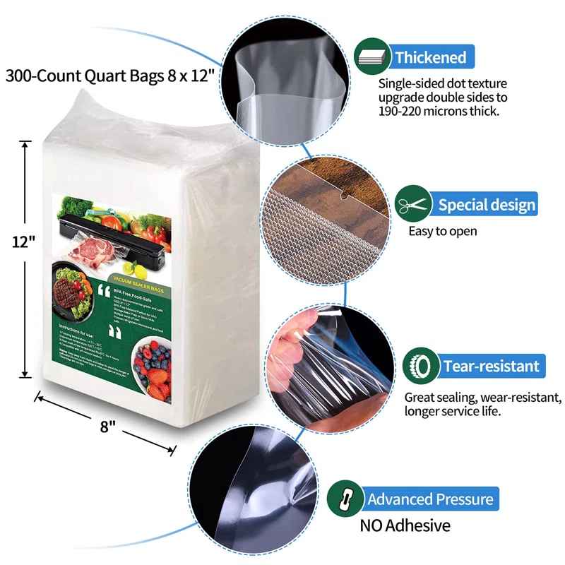 BEACHWATER POOL & SPA, LLC 300-Count Food Vacuum Sealer Bags, Thick BPA Free Sous Vide Bags Compatible With All Vac Machines, Food Saver, Seal A Meal, Commercial Grade Quart Precut Meal Prep Storage Bags