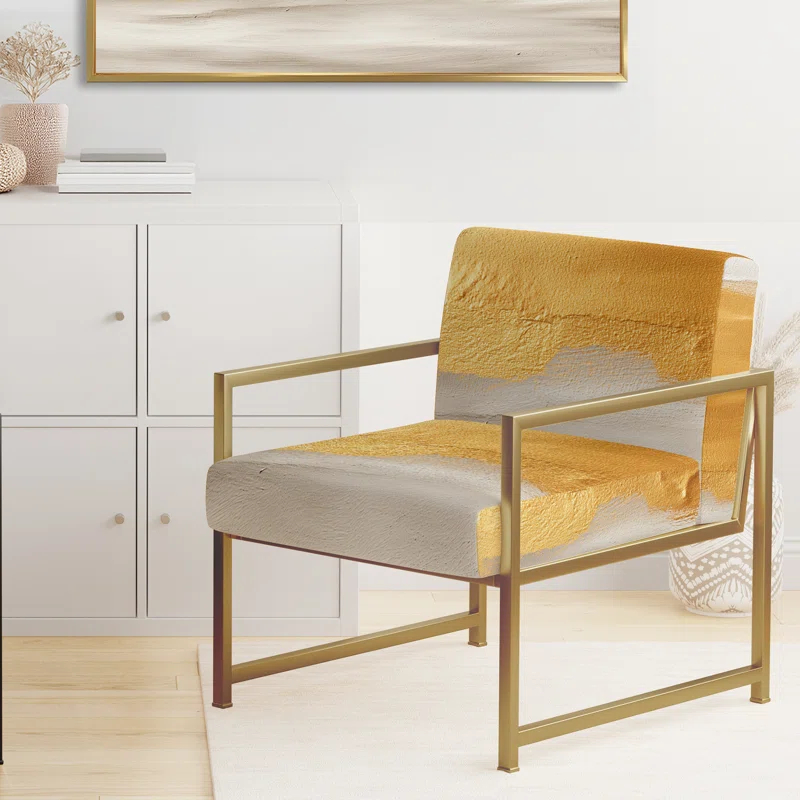 Design Art Out To Sea - Upholstered Nautical & Beach Yellow And White Accent Arm Chair