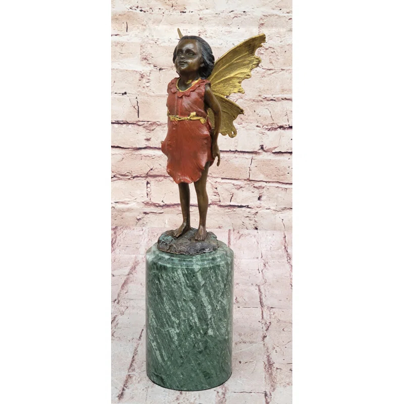 Trinx Kallem Hot Cast Bronze Young Fairy Girl Winged Angel Figure Sculpture On Green Marble Base