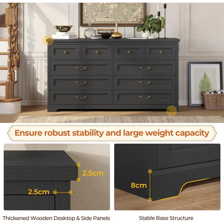 Winston Porter Farmhouse Dresser With 10 Drawers For Bedroom, Wide Dresser Chest Of Drawers, Rustic Wood Storage Dresser With Deep Drawers And Vintage Handle, Large Dresser For Bedroom, Closet, Hallway