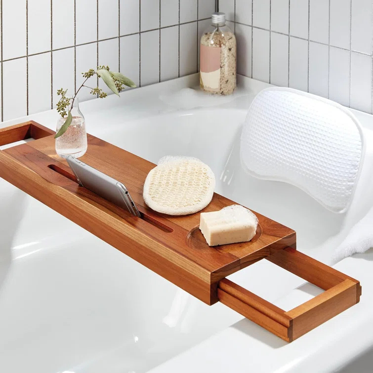 Ginsey 3 Piece Teak Spa Gift Set, Includes Expandable Tray,  Bath Pillow, And Exfoliating Scrubber