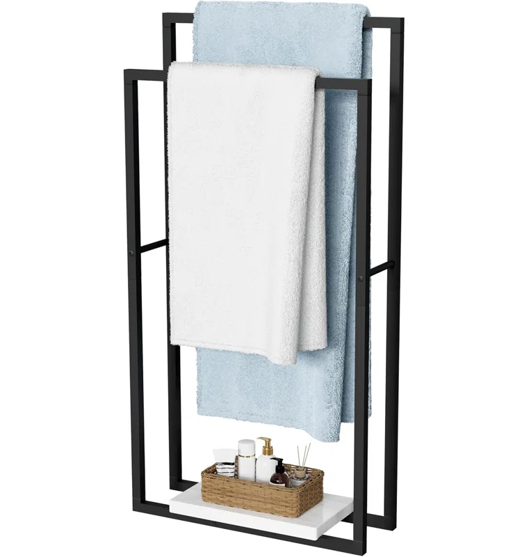 Hokku Designs Standing Towel Racks For Bathroom With Heavy Marble Base, 38" H Towel Rack Stand For Bathroom 2-Tier, Blanket Rack For Bathroom Floor, Matte Black