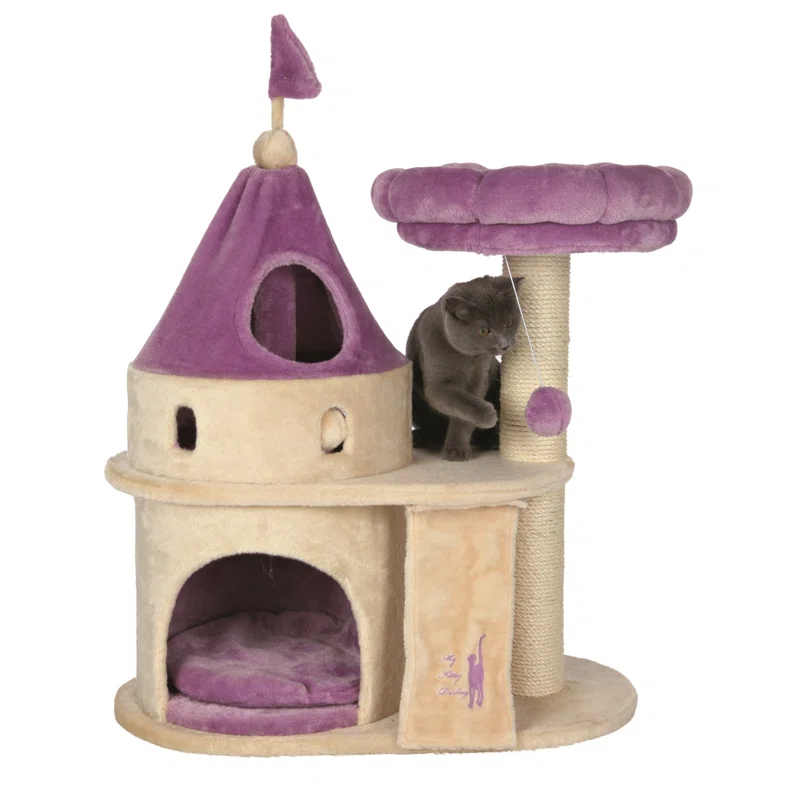 TRIXIE My Kitty Darling Castle Condo, Plush Cat Tree, Sisal Scratching Post, Removable Bed, Crinkling Blanket, Cat Toy