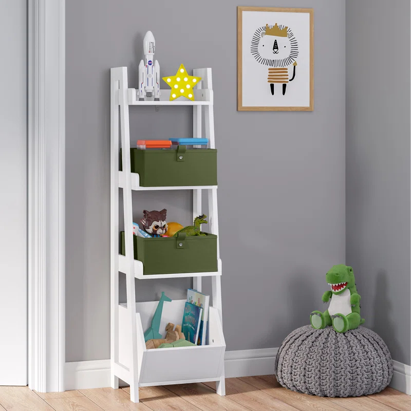RiverRidge Home RiverRidge Kids 4-Tier 13in Ladder Shelf Toy Organizer and Book Storage with 3 Open Display Shelves- White with Two 5" Fabric Bins