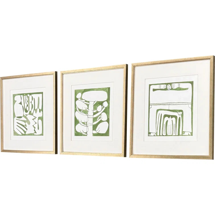 Green and White Abstract Canvas Art Set with Gold Frame