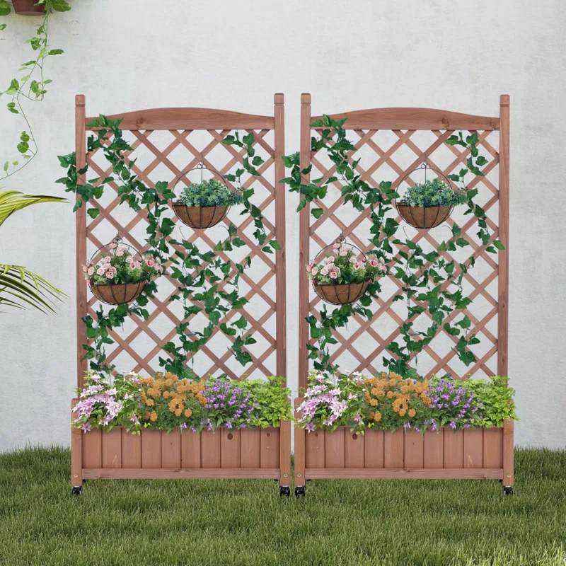 August Grove® Raised Garden Bed With Trellies 2 Pack, Outdoor Wooden Planter Box For Climbing Plants, Vegetables Herb Growing