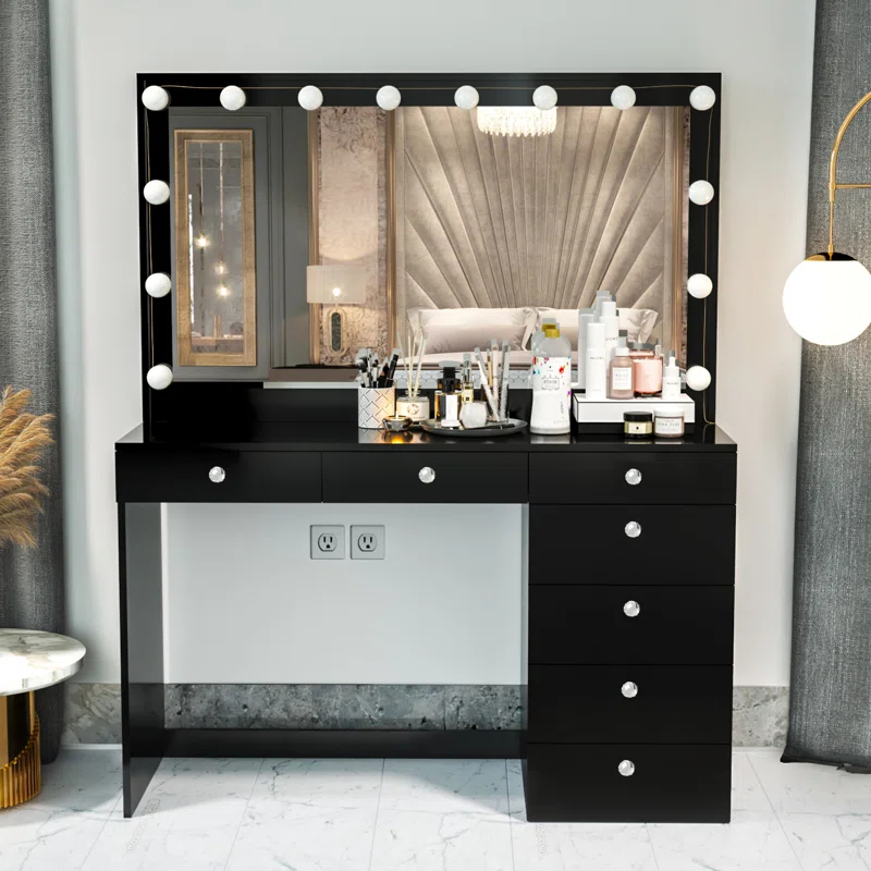 Boahaus LLC Boahaus Joan Large Modern Makeup Vanity Table with Big Mirror, 7 Drawers and Power Outlet