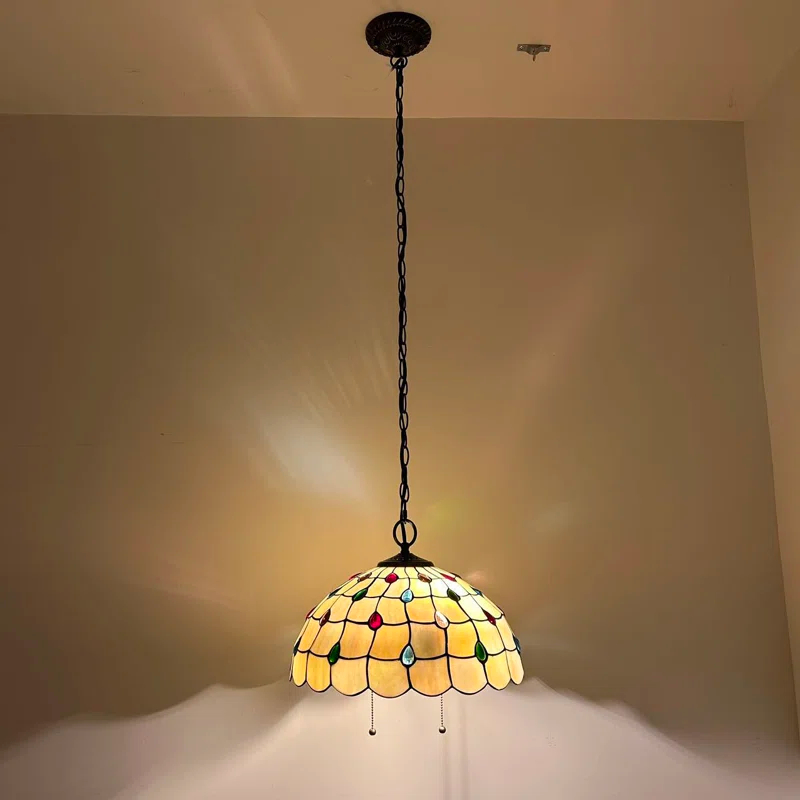 Astoria Grand Paladora Tiffany Pendant Lights Gold Stained Glass Crystal Beans LED Bulbs Included 16" W*16" D*75" H