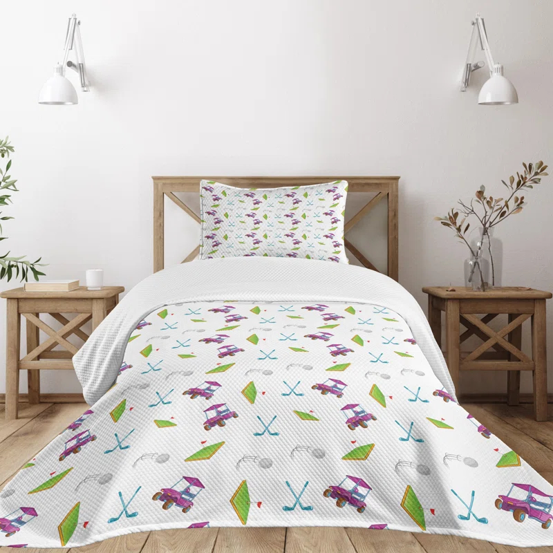 Ambesonne Ambesonne Golf Bedspread Set Clubs Carts Ball Flag on Grass Lime Green Purple