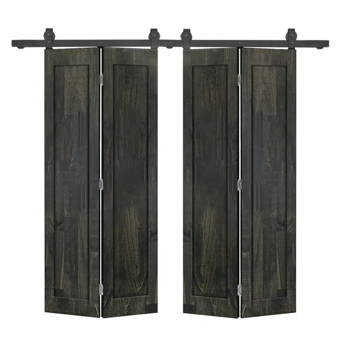 Calhome 1 Panel Shaker Pine Wood Double Bi-Fold Door with Sliding Barn Door Hardware Kit