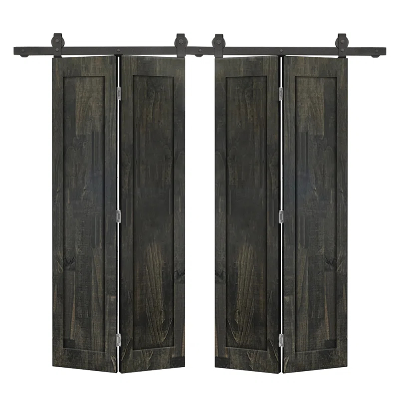 Calhome 1 Panel Shaker Pine Wood Double Bi-Fold Door with Sliding Barn Door Hardware Kit