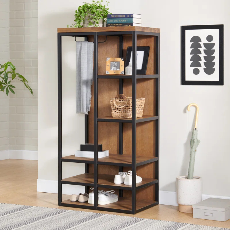 Alaterre Lloyd 28"W 58"H Rustic Industrial Metal Frame Hall Tree With Covered Back, Shelves And Shoe Storage