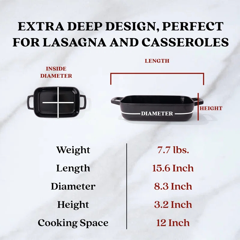 Alva Alva Nori Enameled Cast Iron Dutch Oven Dish Roasting Pan Rectangular Nonstick Stove-to-Table Enamel Coated Pot, Non Toxic, Compatible with All Stovetops, Oven Safe & Induction Safe