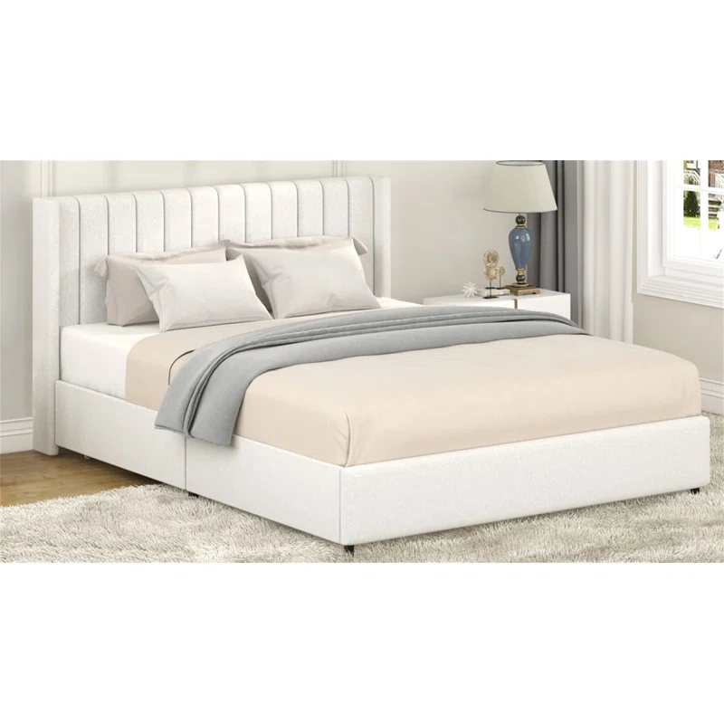 Latitude Run® Queen Size Ivory Boucle Bed Frame, Upholstered Platform Bed With 4 Drawers Storage, Tufted Headboard, Wooden Slat Mattress Support, No Box Spring Needed