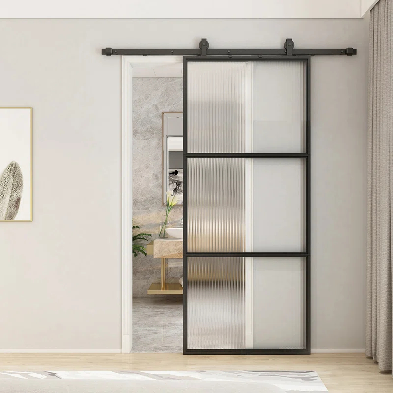 TREEBLING 84" Metal and Glass Sliding Barn Door with Two-Way Soft Close and Installation Hardware Kit