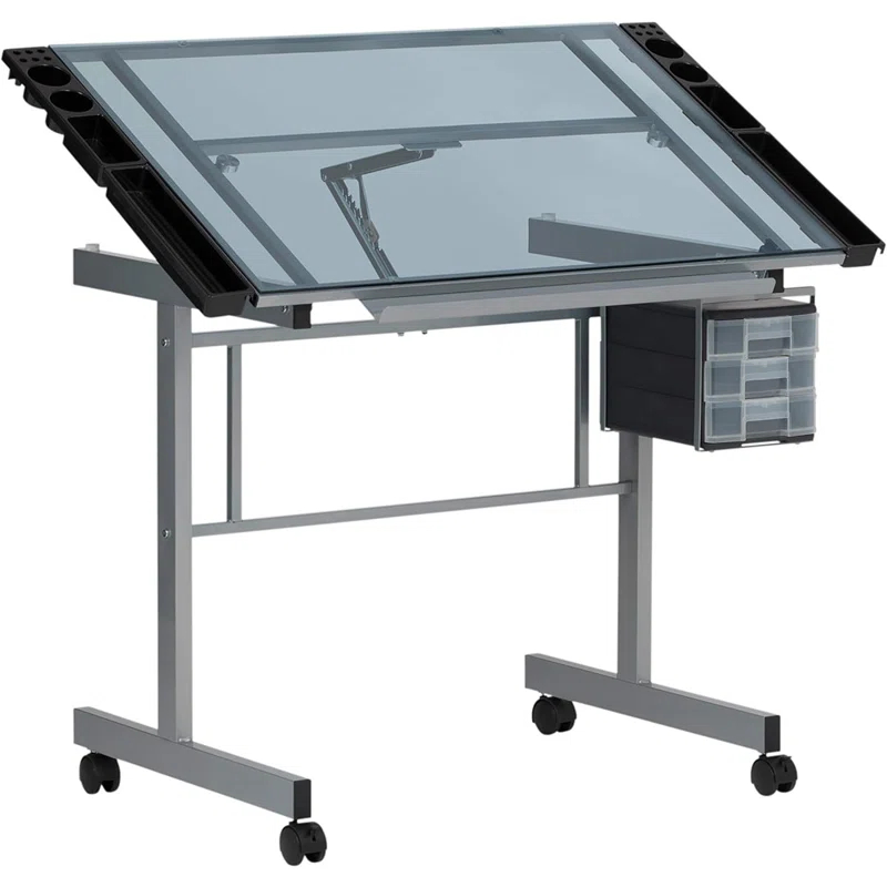 Inbox Zero Craddock Adjustable Glass Top Metal Base Drafting Table