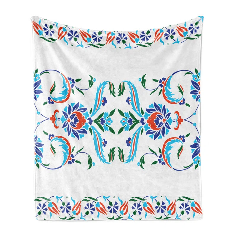 Ambesonne Ambesonne Traditional Fleece Throw Blanket Ottoman Tulips Blue Red