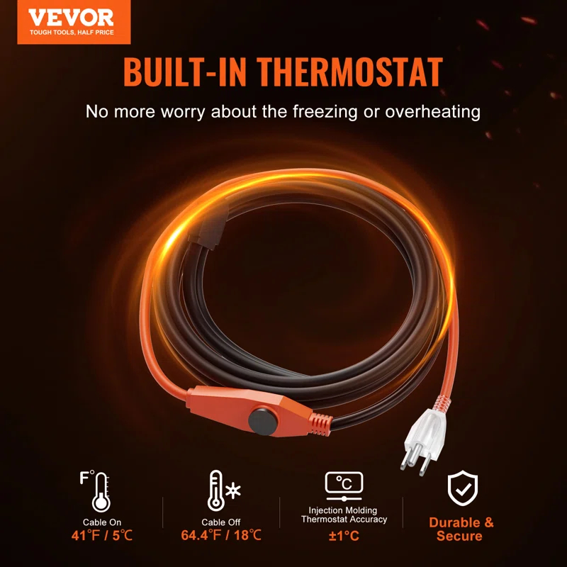 VEVOR Pipe Heating Cable 24FT 7W/FT Heat Tape for Pipes with Built-in Thermostat