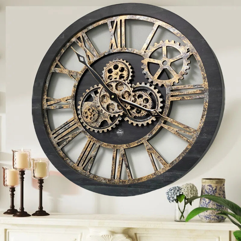 The Gears Clock Wall Clock 24" Round Oversized for Living Room decor with Real Moving Gears America Collection