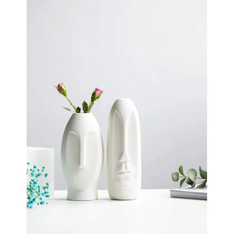 Face Vase Set of 2 - White Modern Vase. Ceramic Statue Human Face Vase Decor and Sculpture Decor