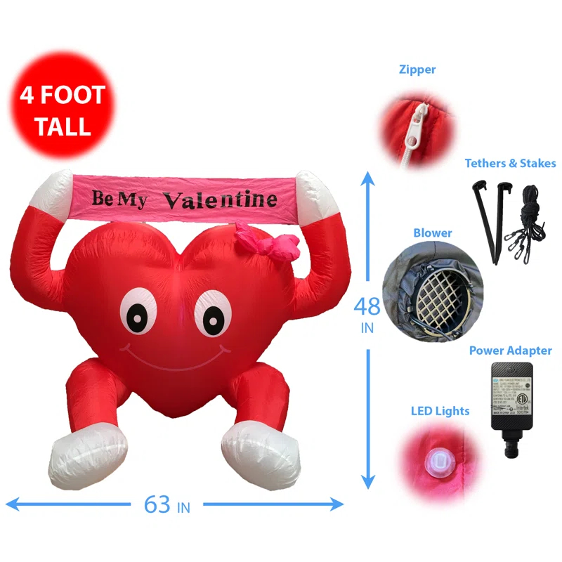 The Holiday Aisle® 4 Foot Tall Lighted Happy Valentine's Day Inflatable Cute Lovely Heart Be My Valentine Romantic Sweetheart Indoor / Outdoor Blow Up Yard Decoration