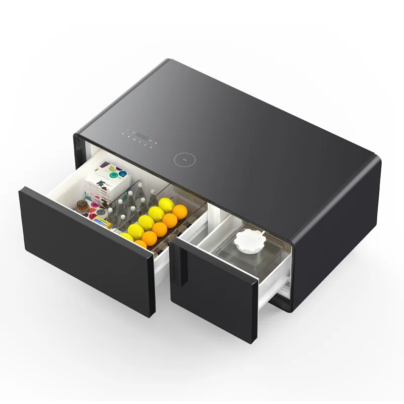 CRS APPLIANCES, Modern Smart Coffee Table with Built-in Fridge, Bluetooth Speaker, Wireless Charging, Touch Control Panel, USB Ports, Outlet Protection, Atmosphere light