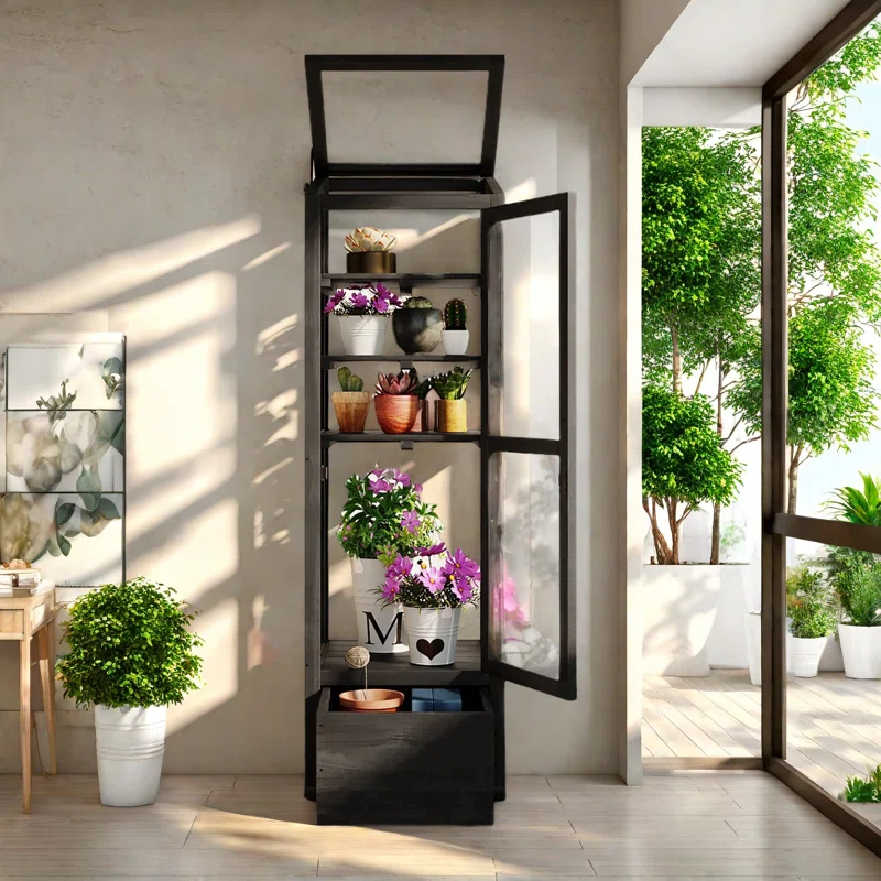 mosaicmotifco Wood Garden Greenhouse Balcony Portable Mini Cold Frame With Movable Storage Box, Adjustable Shelves And 1 Drawer