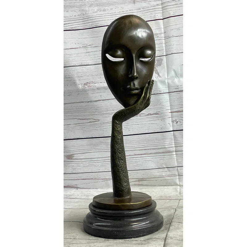 Red Barrel Studio® Tekira Abstract Surreal Bronze Floating Female Face Mask Original Art Sculpture on Marble Base