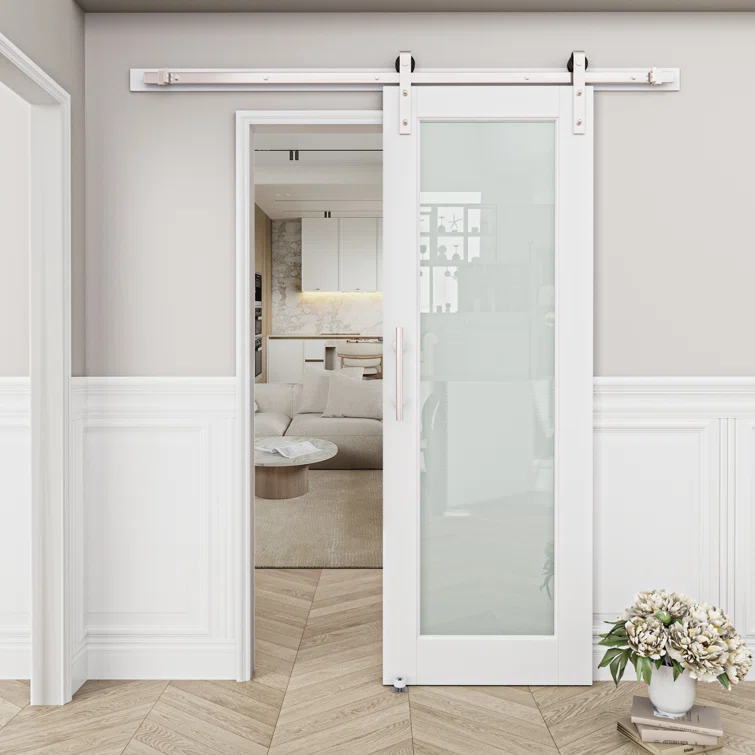 Home Worthy Frosted Glass Solid Manufactured Wood Painted Sliding Barn Door with Nickel-Hardware Kit(No Assembly Required)