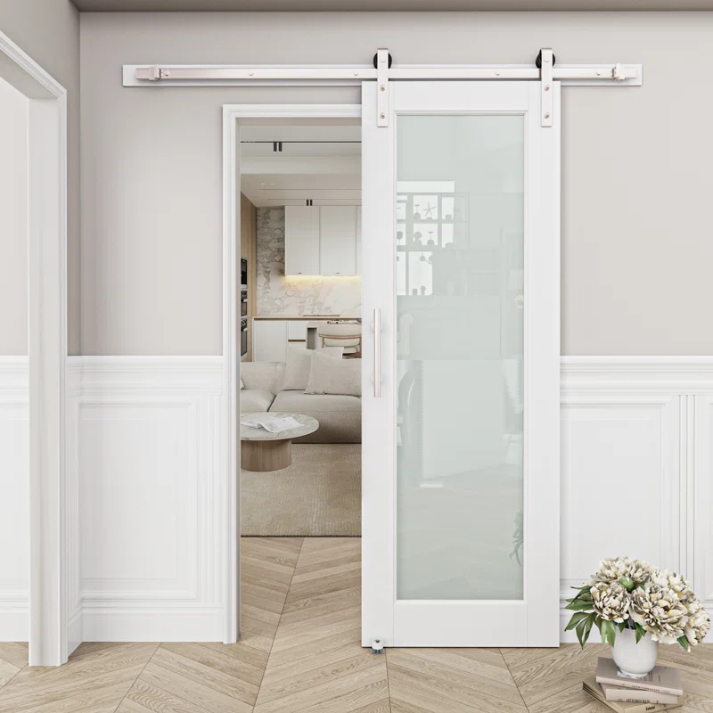 Home Worthy Frosted Glass Solid Manufactured Wood Painted Sliding Barn Door with Nickel-Hardware Kit(No Assembly Required)