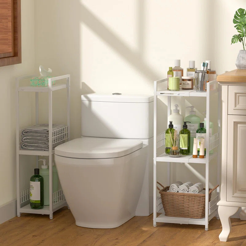 Expandable Slim Storage Shelf, 3 Tier Metal Shelving Unit For Bathroom Storage Organizer, Free-Standing Narrow Shelf, Open Floor Shelves For Small Spaces,Laundry,Bathroom,Kitchen, White