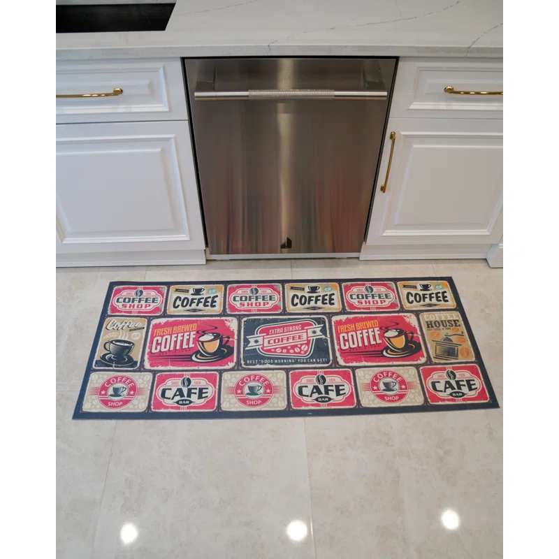 Trinx Castlehaven Coffee Label Tiles Kitchen Mat