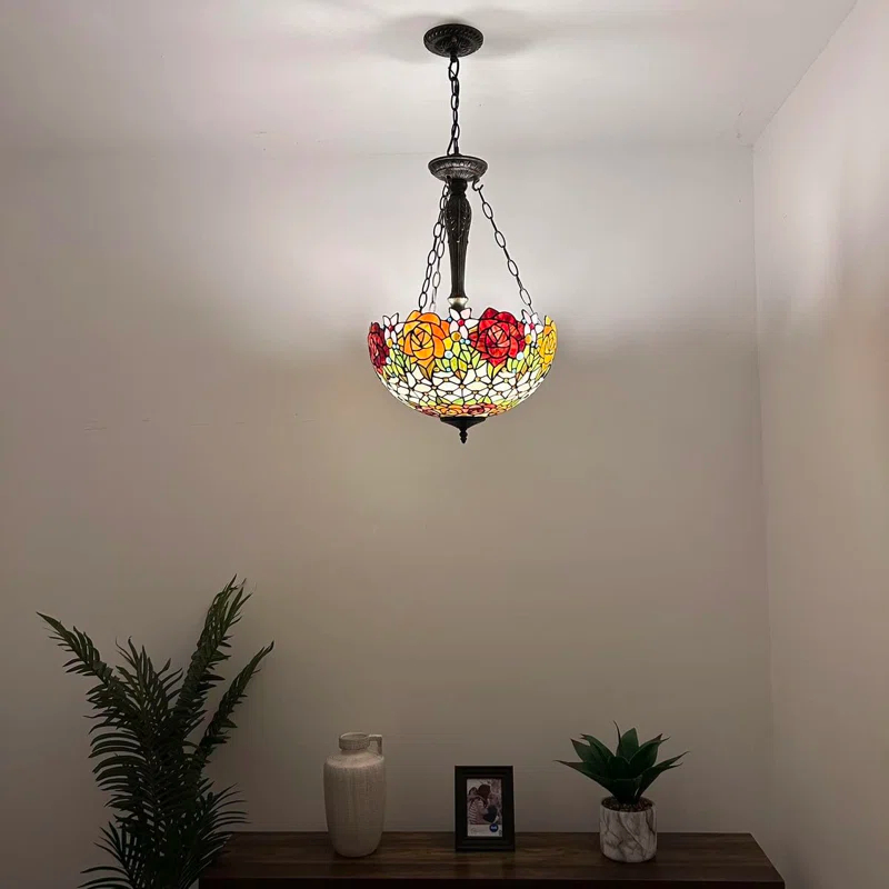 ENJOY DECOR LAMPS Tiffany Chandeliers Pendant Lamps Red Orange Stained Glass Rose Flowers LED Bulbs 16"W*16"D*60"H