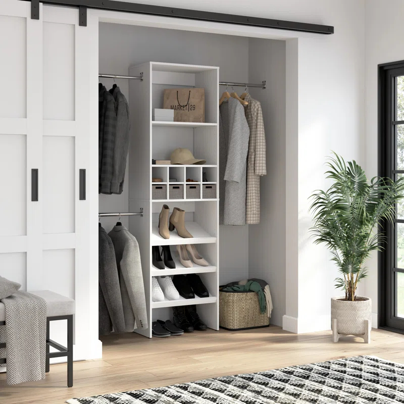 Bestar Carina 24W Closet Organizer With Shoe Shelves, Clothing Rods And Cubbies