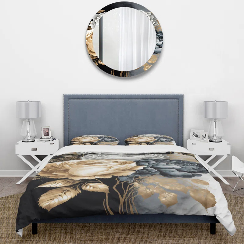 Design Art White, Gold And Black Rose Bouquet I - Floral Rose Duvet Cover Set - Microfiber Polyester