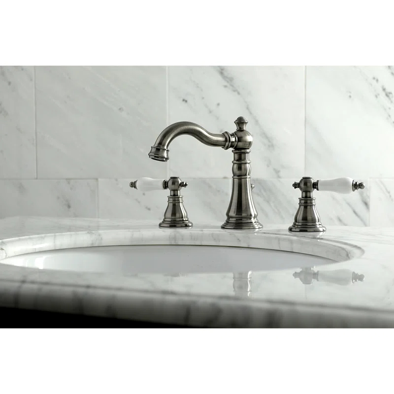 Kingston Brass American Patriot Two-Handle 3-Hole Deck Mount Widespread Bathroom Faucet with Brass Pop-Up Drain