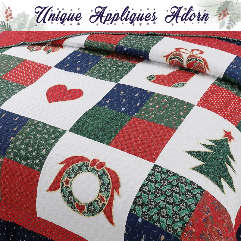 Cozy Line Home Fashion Happy Christmas Christmas Reversible Farmhouse Country Quilt Set