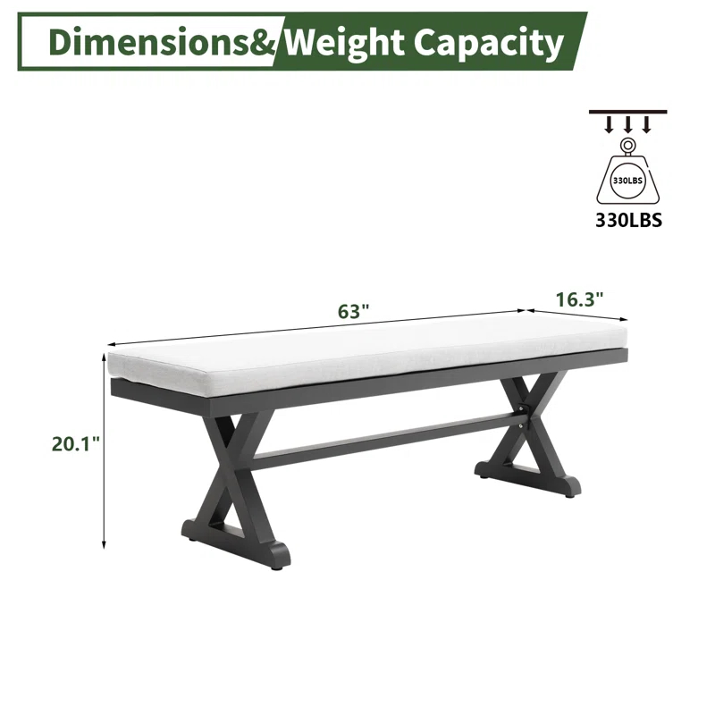 Rosalind Wheeler Outdoor Patio Bench with Cushion All Weather 63" Aluminum Benches Rectangular Dining Seating, Grey